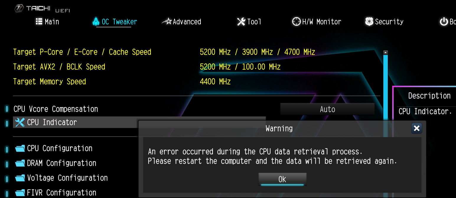 If the system encounters an unexpected restart during boot-up, the CPU Indicator utility will display the following warning message when entering the BIOS.