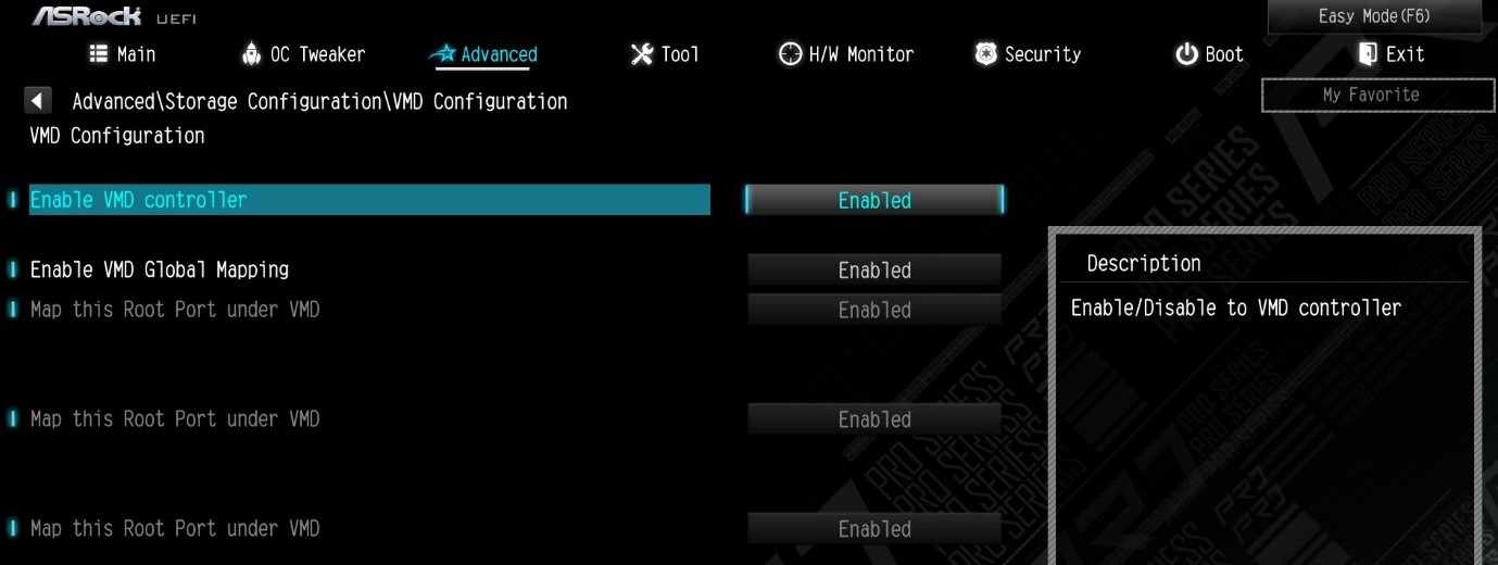 Set Enable VMD Global Mapping to [Enabled]. Press F10 to save the changes and exit setup.