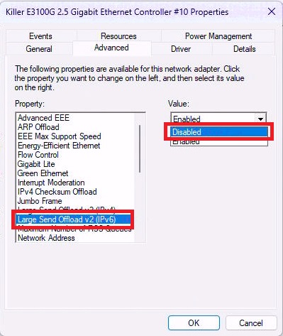 Set Large Send Offload v2 (IPv6) to [Disabled]