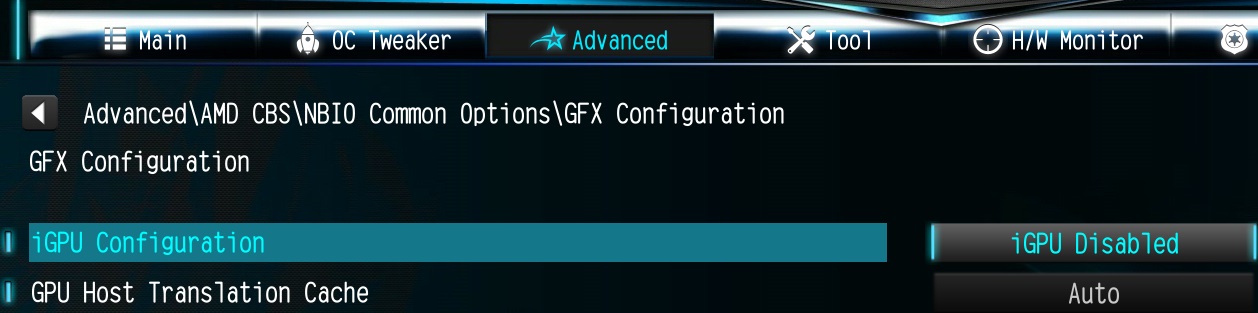 前往BIOS\高级\AMD CBS\NBIO Common Options\GFX Configuration 下设置 iGPU Configuration 为