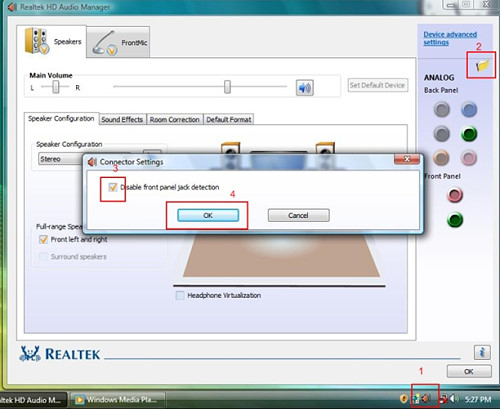 Click the Folder icon at the top-right corner. 3. Check Disable front panel jack detection. 4. Click OK.