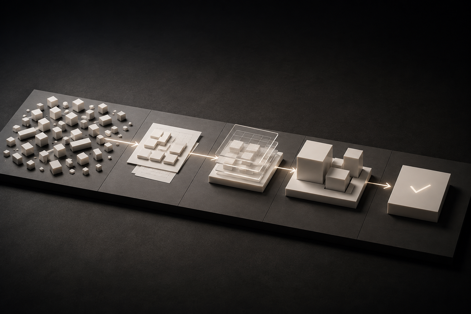 深色底上的 AI 專案流程 3D 模型：散落的需求方塊先收斂成藍圖，再化為分層網格與組裝完成的結構，最後以打勾方塊收尾，象徵從構想到部署