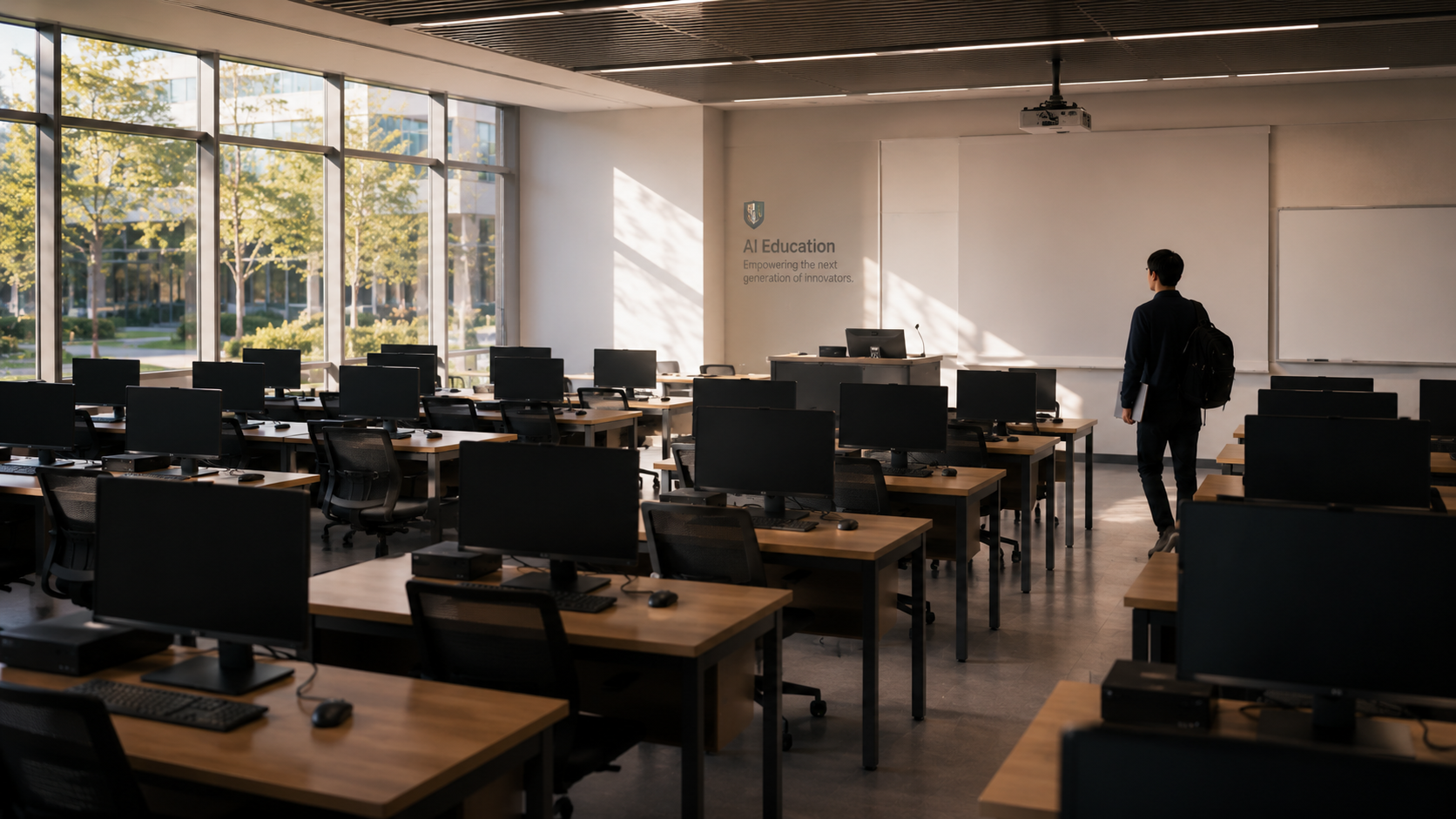 課堂之間的 AI Education 電腦教室 — 成排工作站在每個座位待命，整面落地窗灑進日光，一位背著背包的學生正走進教室準備上課