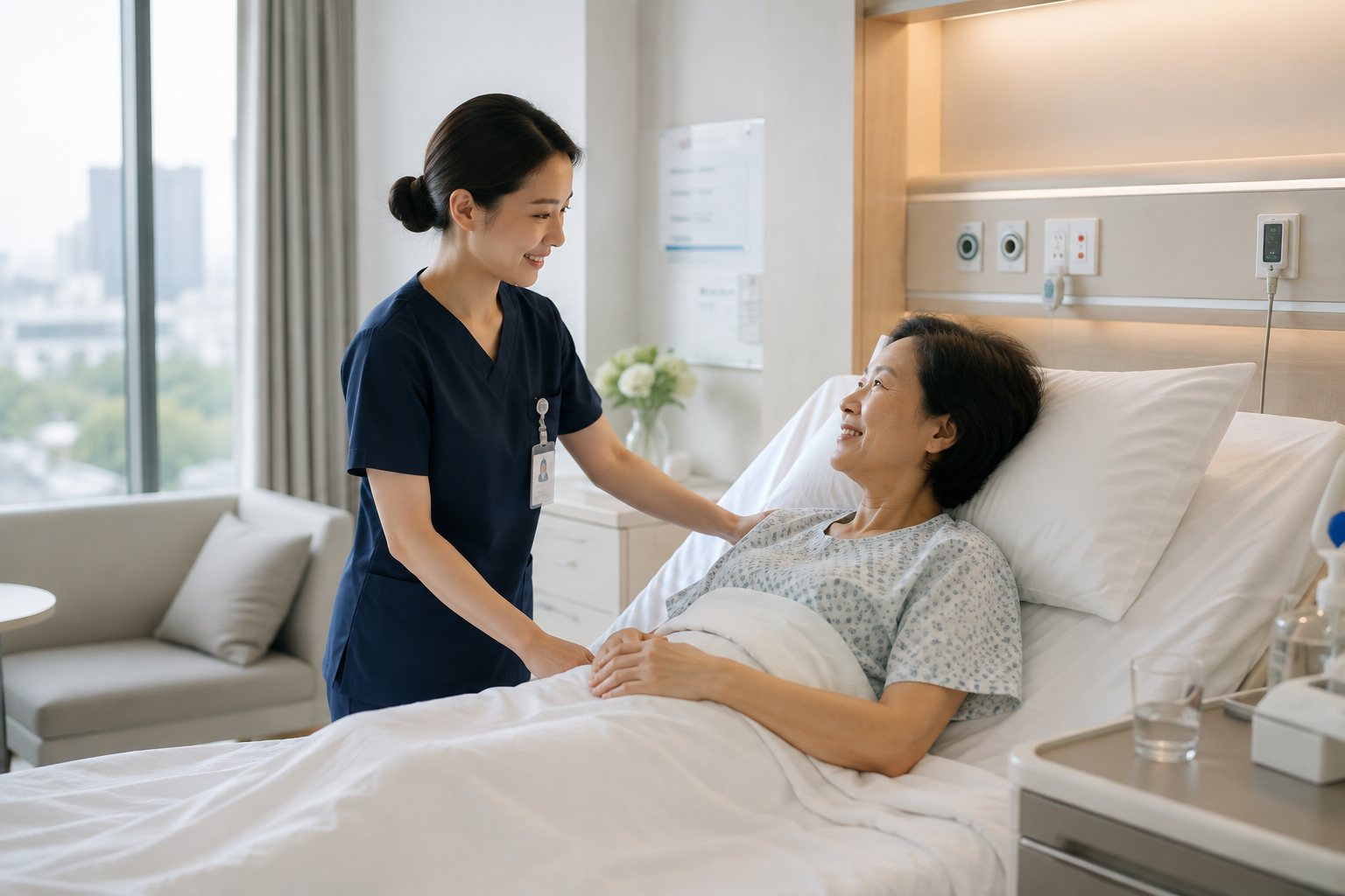 護理師在明亮的病房裡與床邊的病患交談