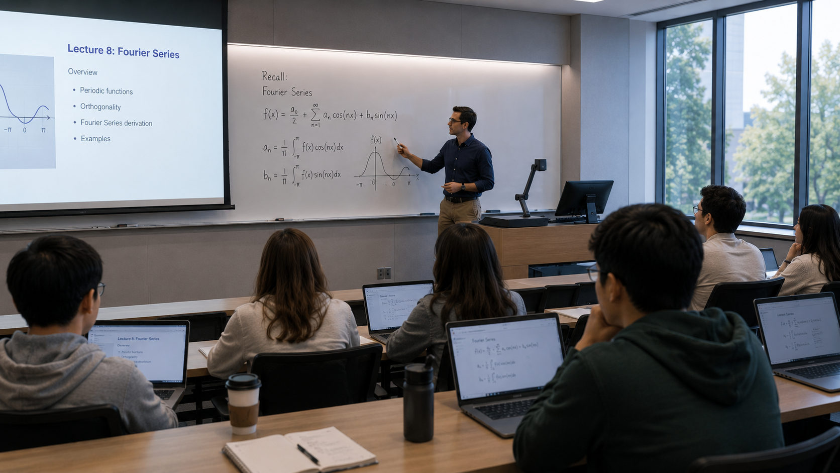 大學課堂講授傅立葉級數，學生以筆電同步操作 AI 輔助教材