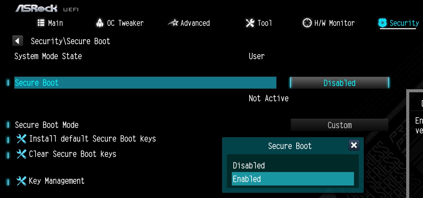 Set Secure Boot to Enabled. Then press the F10 key to save configuration changes.