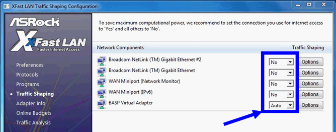 set all options to [No] except BASP Virtual Adapter
