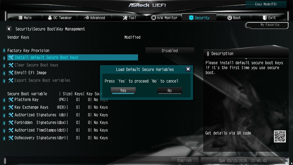 After clearing the keys, select Install Default Secure Boot Keys, then choose [Yes].